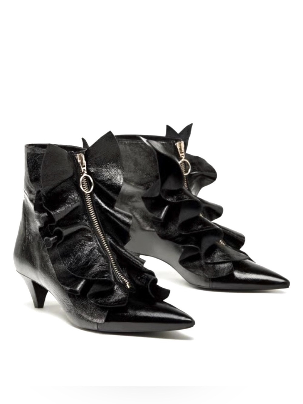 ZARA Black Ruffled Front Zip Patent Leather Pointy Heel Bootie Ankle Boots Sz 38